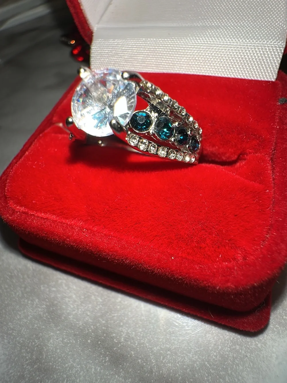 Silver-Tone Clear Crystal Statement Ring with Teal Accents